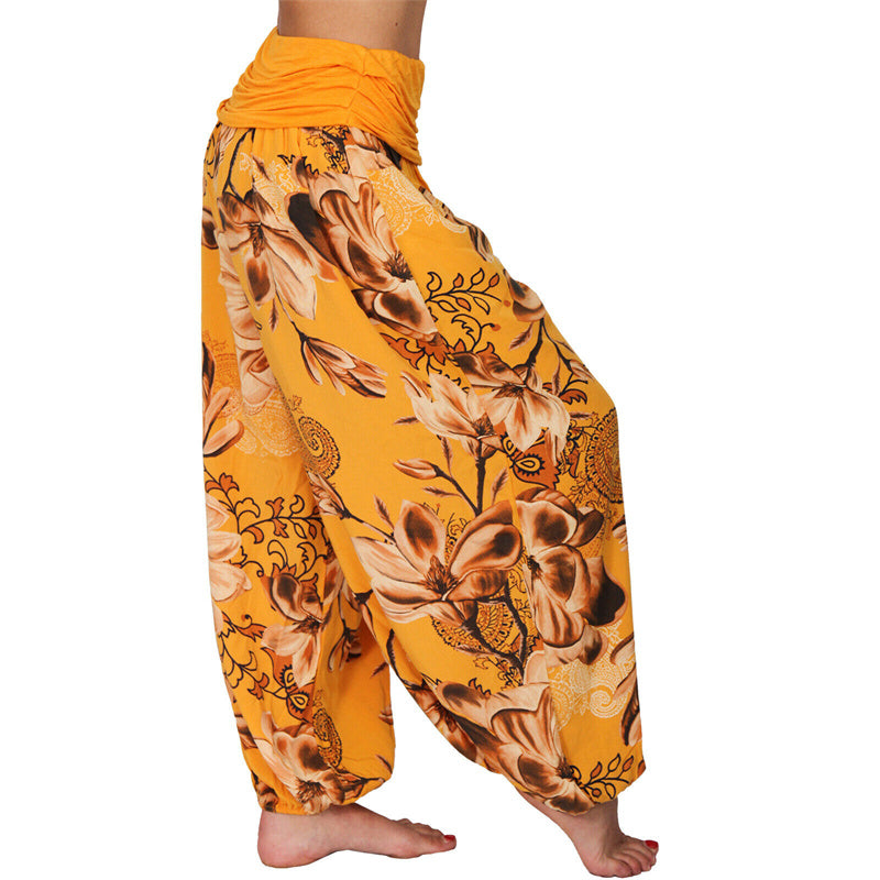 Lose Haremshose für Damen, Yogahose mit Buddha-Steinen, Blumenblattmuster