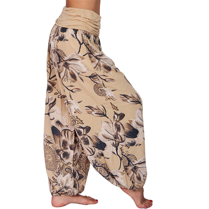 Lose Haremshose für Damen, Yogahose mit Buddha-Steinen, Blumenblattmuster