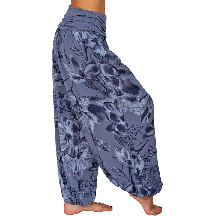 Lose Haremshose für Damen, Yogahose mit Buddha-Steinen, Blumenblattmuster