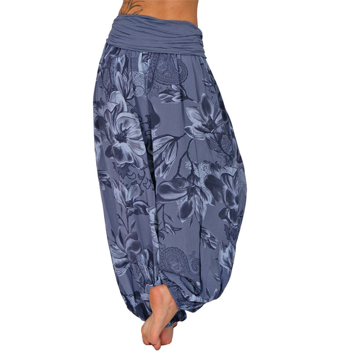 Lose Haremshose für Damen, Yogahose mit Buddha-Steinen, Blumenblattmuster