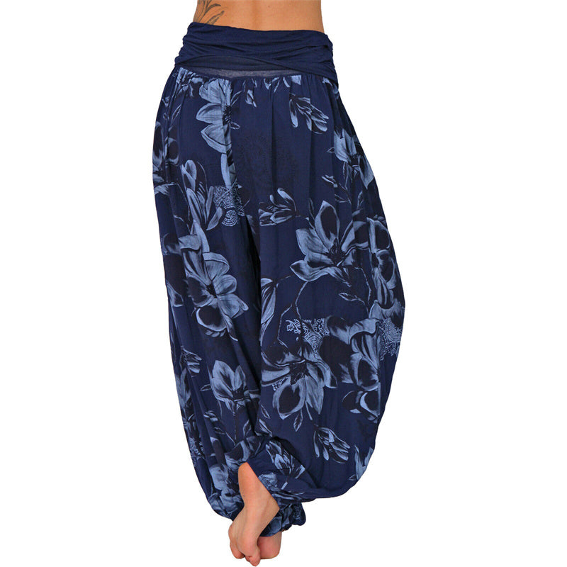 Lose Haremshose für Damen, Yogahose mit Buddha-Steinen, Blumenblattmuster