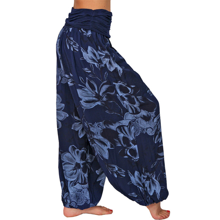 Lose Haremshose für Damen, Yogahose mit Buddha-Steinen, Blumenblattmuster