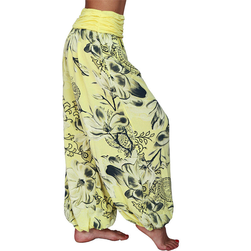 Lose Haremshose für Damen, Yogahose mit Buddha-Steinen, Blumenblattmuster