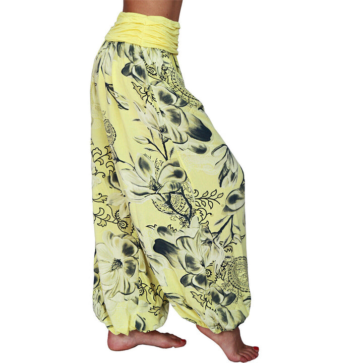 Lose Haremshose für Damen, Yogahose mit Buddha-Steinen, Blumenblattmuster