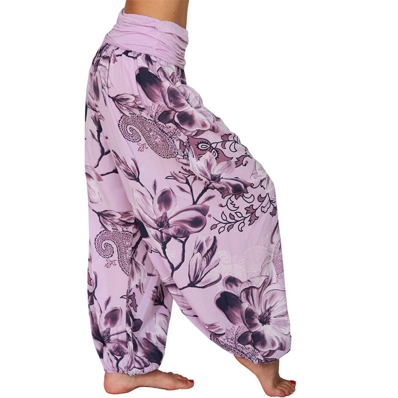 Lose Haremshose für Damen, Yogahose mit Buddha-Steinen, Blumenblattmuster