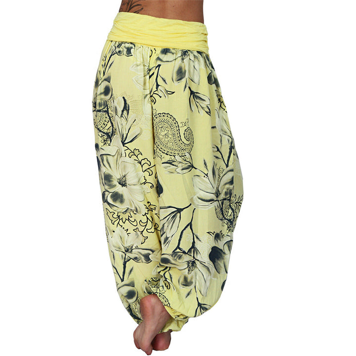 Lose Haremshose für Damen, Yogahose mit Buddha-Steinen, Blumenblattmuster