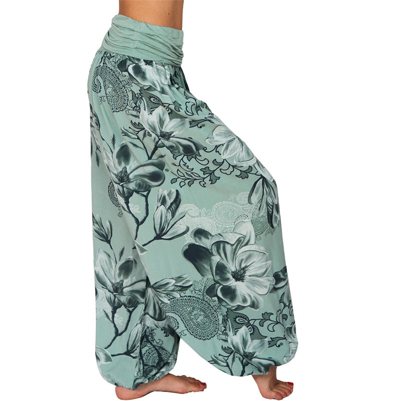 Lose Haremshose für Damen, Yogahose mit Buddha-Steinen, Blumenblattmuster