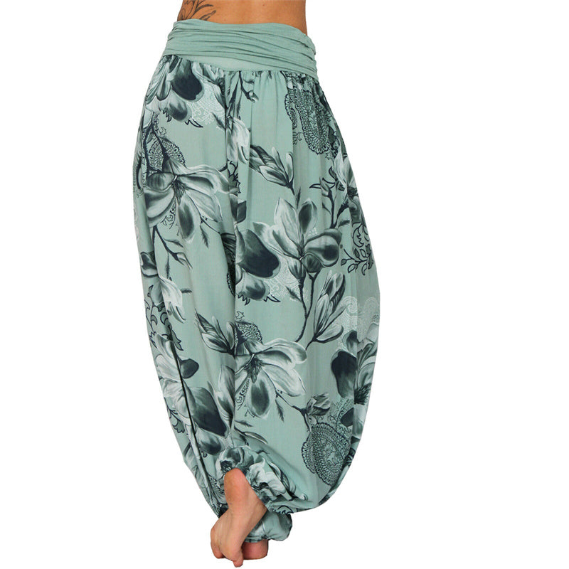 Lose Haremshose für Damen, Yogahose mit Buddha-Steinen, Blumenblattmuster