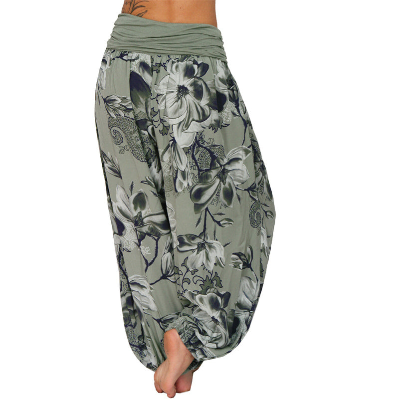 Lose Haremshose für Damen, Yogahose mit Buddha-Steinen, Blumenblattmuster