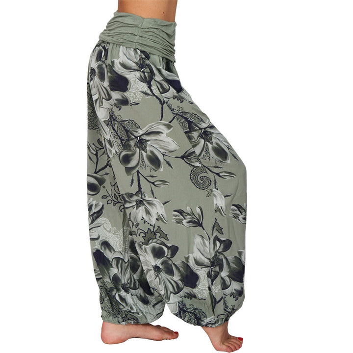 Lose Haremshose für Damen, Yogahose mit Buddha-Steinen, Blumenblattmuster