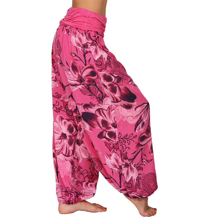 Lose Haremshose für Damen, Yogahose mit Buddha-Steinen, Blumenblattmuster