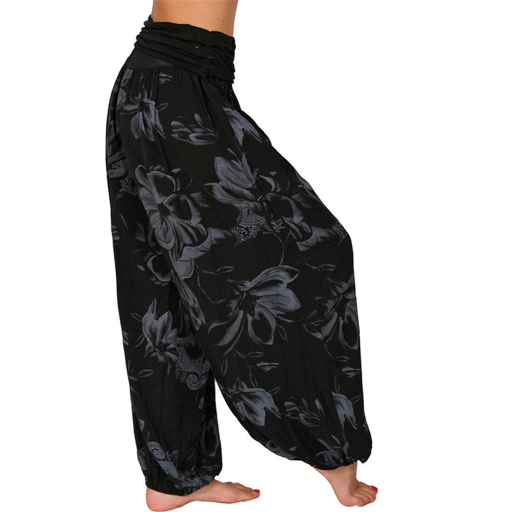 Lose Haremshose für Damen, Yogahose mit Buddha-Steinen, Blumenblattmuster