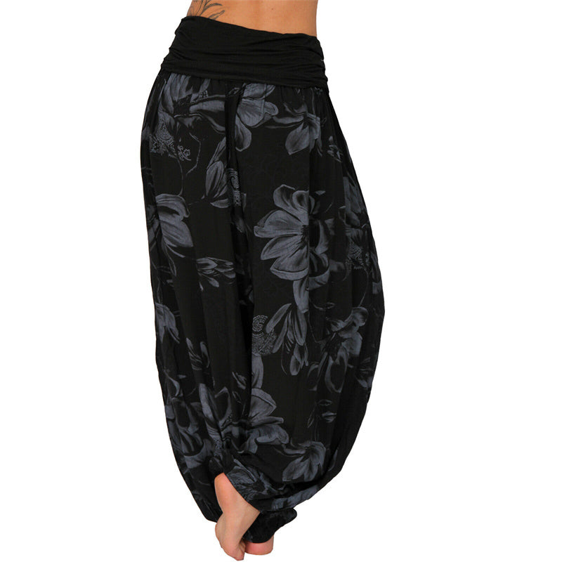 Lose Haremshose für Damen, Yogahose mit Buddha-Steinen, Blumenblattmuster