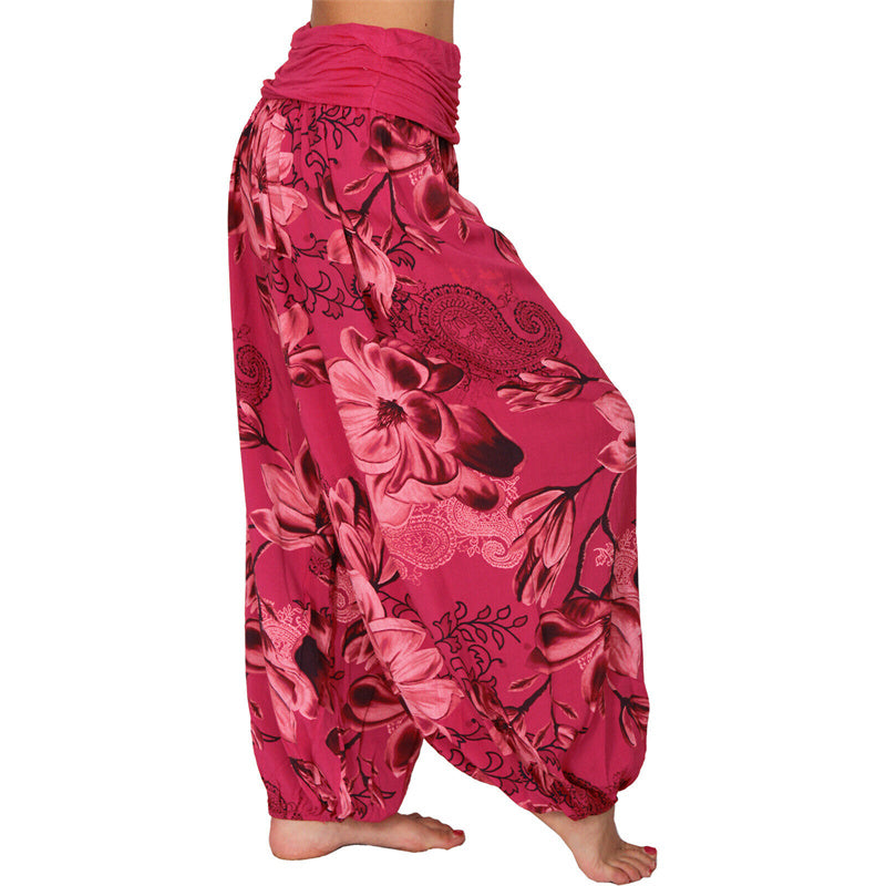 Lose Haremshose für Damen, Yogahose mit Buddha-Steinen, Blumenblattmuster