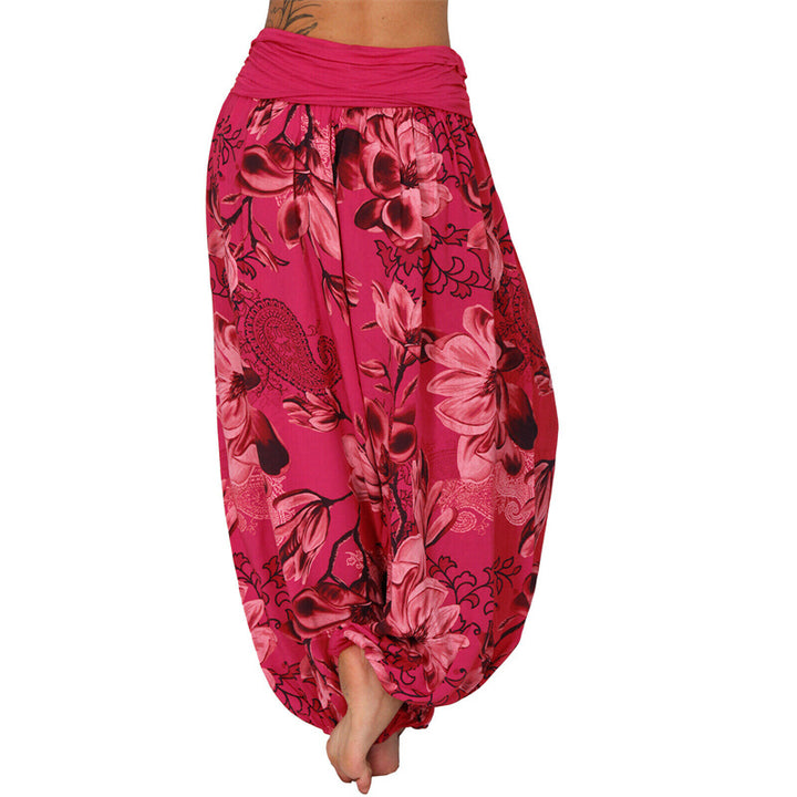 Lose Haremshose für Damen, Yogahose mit Buddha-Steinen, Blumenblattmuster