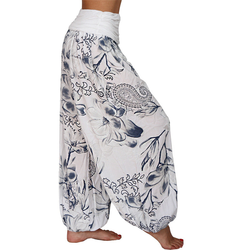 Lose Haremshose für Damen, Yogahose mit Buddha-Steinen, Blumenblattmuster