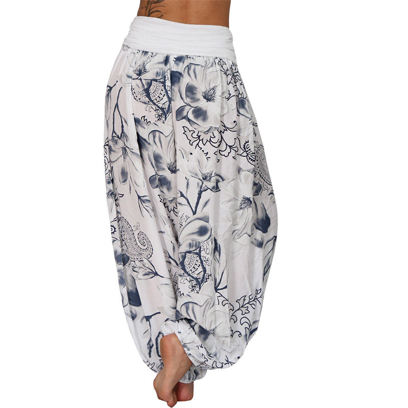 Lose Haremshose für Damen, Yogahose mit Buddha-Steinen, Blumenblattmuster