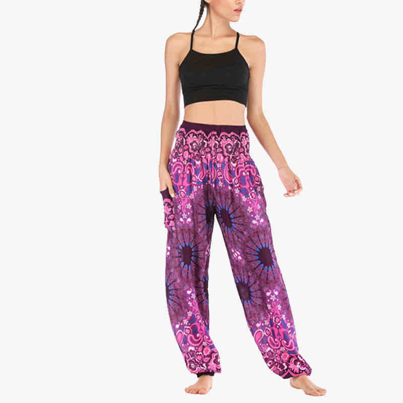 Buddha Stones lockere Haremshose mit geometrischem Mandala-Muster und hoher Taille für Damen, Yogahose - image 45