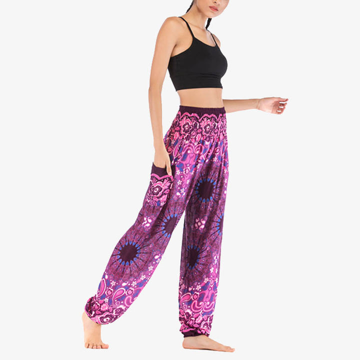 Buddha Stones lockere Haremshose mit geometrischem Mandala-Muster und hoher Taille für Damen, Yogahose - image 44