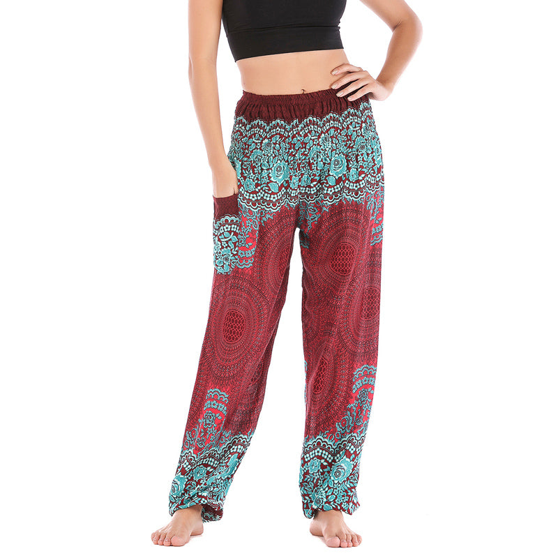 Buddha Stones lockere, lässige Haremshose mit rundem geometrischem Muster und hoher Taille für Damen - Rot Grün-US2-8/10， UK/AU6-12/14，EU34-40/42 (F) - image 1