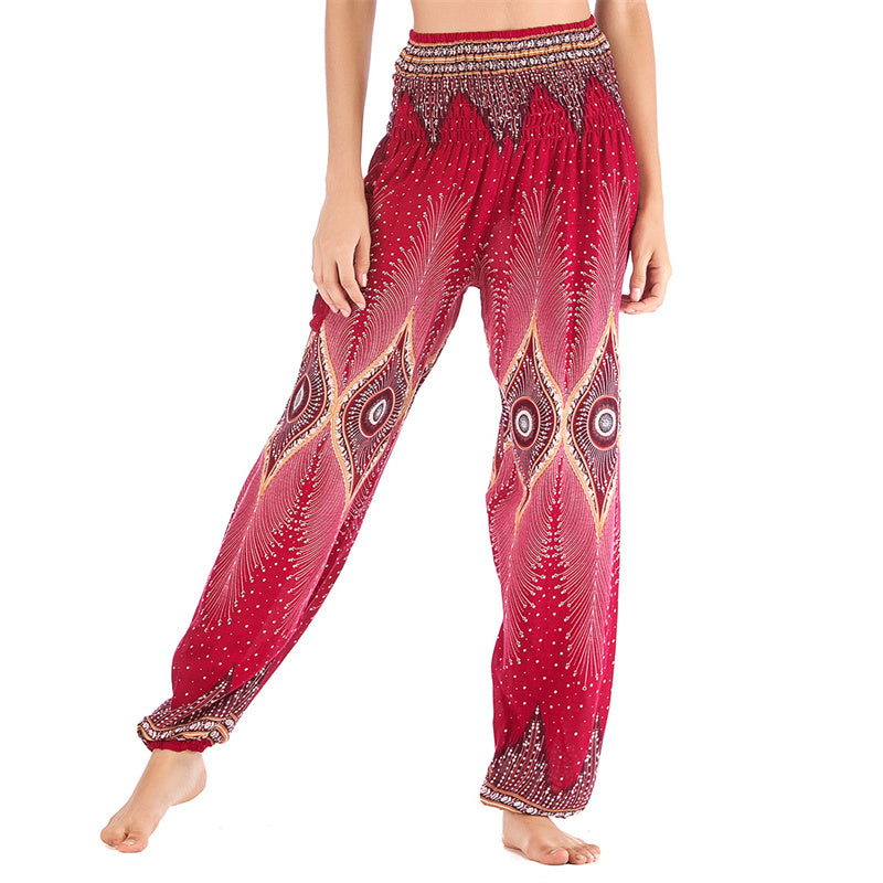 Buddha Stones Herren-Yogahose mit Pfauenfedern, lockere, gesmokte Haremshose mit kleinem Auge und Pfauenfedern - Rot-US2-8/10， UK/AU6-12/14，EU34-40/42 (F) - image 1
