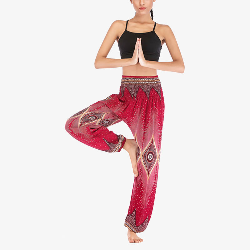 Buddha Stones Herren-Yogahose mit Pfauenfedern, lockere, gesmokte Haremshose mit kleinem Auge und Pfauenfedern - image 2