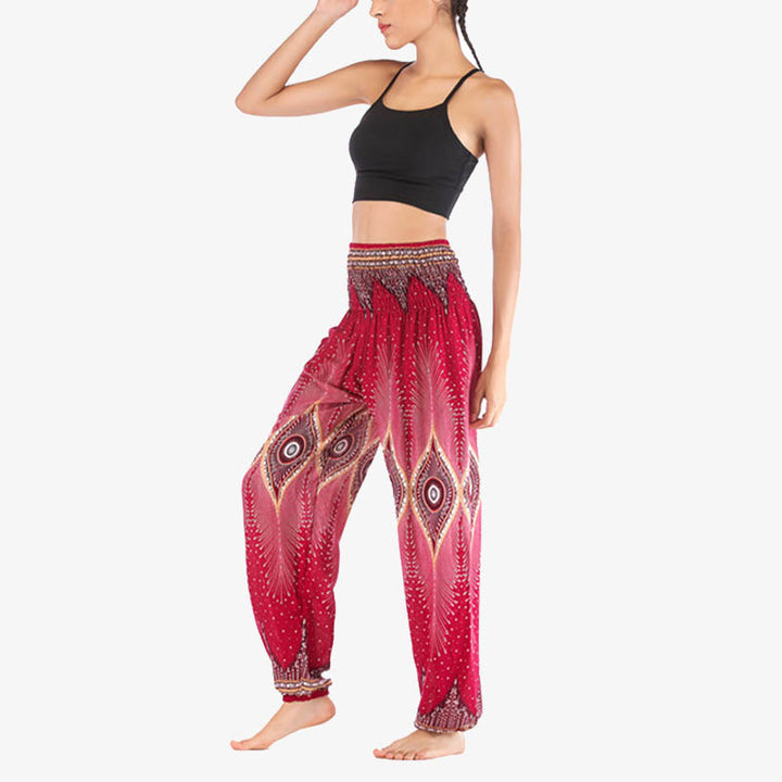 Buddha Stones Herren-Yogahose mit Pfauenfedern, lockere, gesmokte Haremshose mit kleinem Auge und Pfauenfedern - image 7