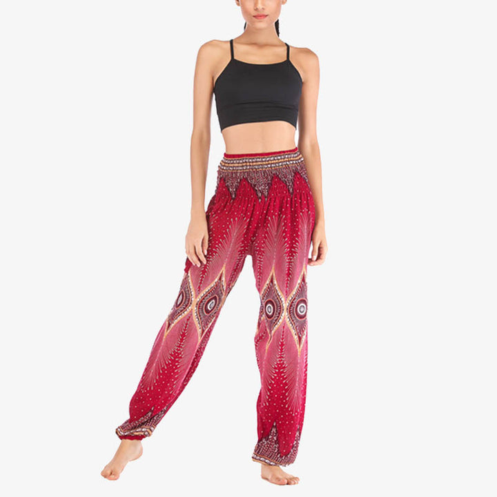 Buddha Stones Herren-Yogahose mit Pfauenfedern, lockere, gesmokte Haremshose mit kleinem Auge und Pfauenfedern - image 8