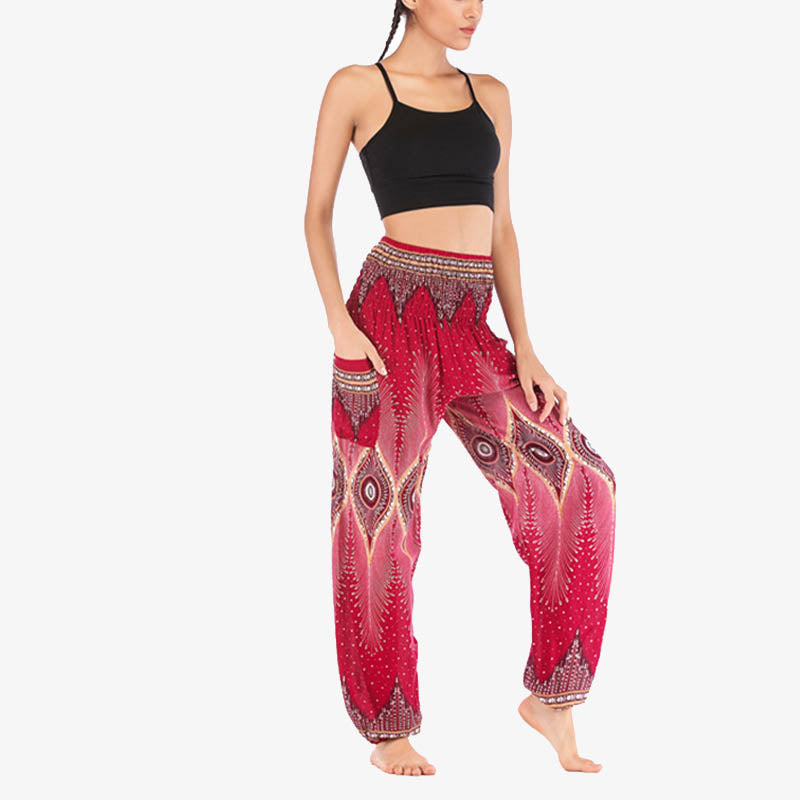 Buddha Stones Herren-Yogahose mit Pfauenfedern, lockere, gesmokte Haremshose mit kleinem Auge und Pfauenfedern - image 10