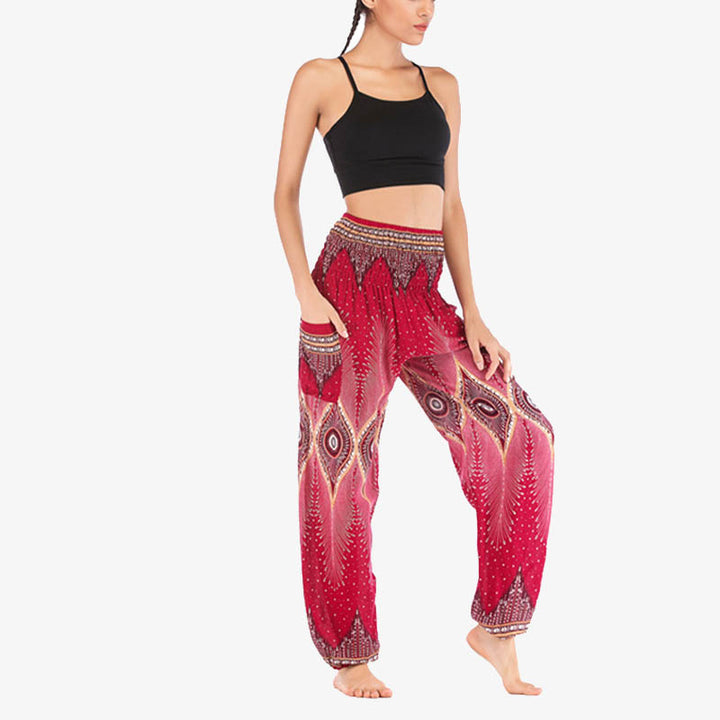 Buddha Stones Herren-Yogahose mit Pfauenfedern, lockere, gesmokte Haremshose mit kleinem Auge und Pfauenfedern - image 10