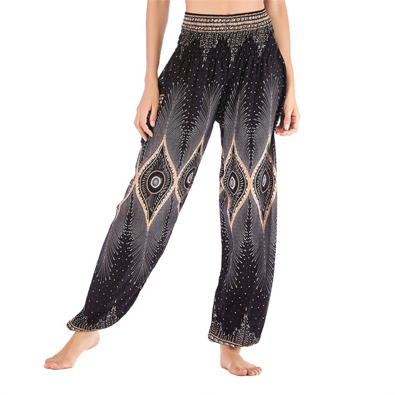 Buddha Stones Herren-Yogahose mit Pfauenfedern, lockere, gesmokte Haremshose mit kleinem Auge und Pfauenfedern - Schwarz-US2-8/10， UK/AU6-12/14，EU34-40/42 (F) - image 12