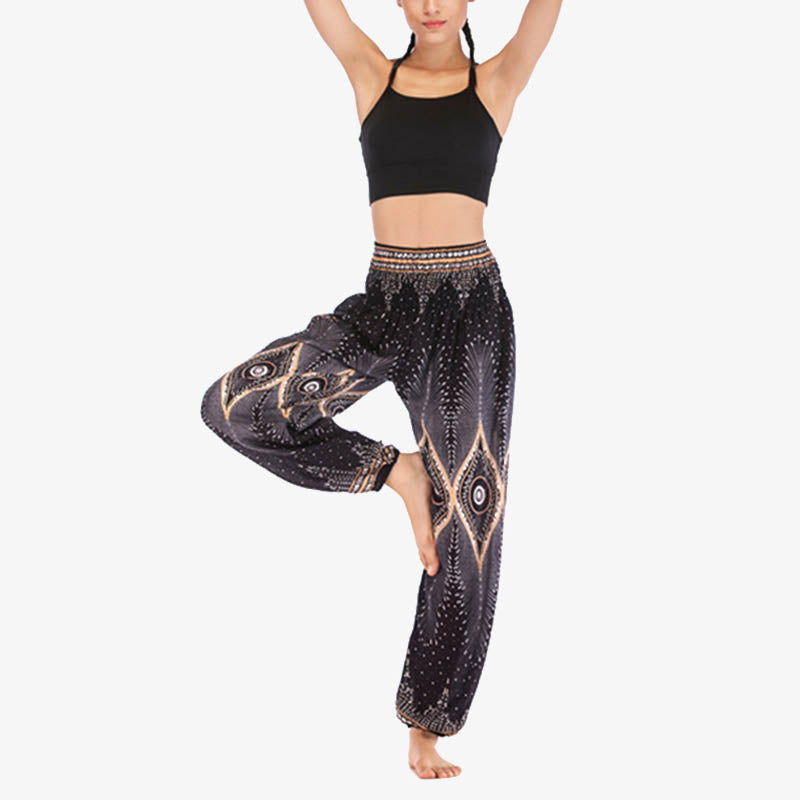 Buddha Stones Herren-Yogahose mit Pfauenfedern, lockere, gesmokte Haremshose mit kleinem Auge und Pfauenfedern - image 13