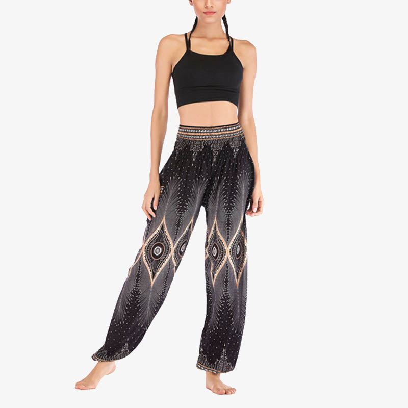 Buddha Stones Herren-Yogahose mit Pfauenfedern, lockere, gesmokte Haremshose mit kleinem Auge und Pfauenfedern - image 17