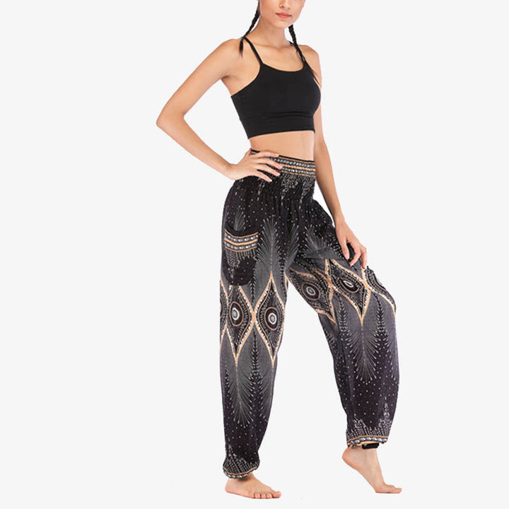 Buddha Stones Herren-Yogahose mit Pfauenfedern, lockere, gesmokte Haremshose mit kleinem Auge und Pfauenfedern - image 14