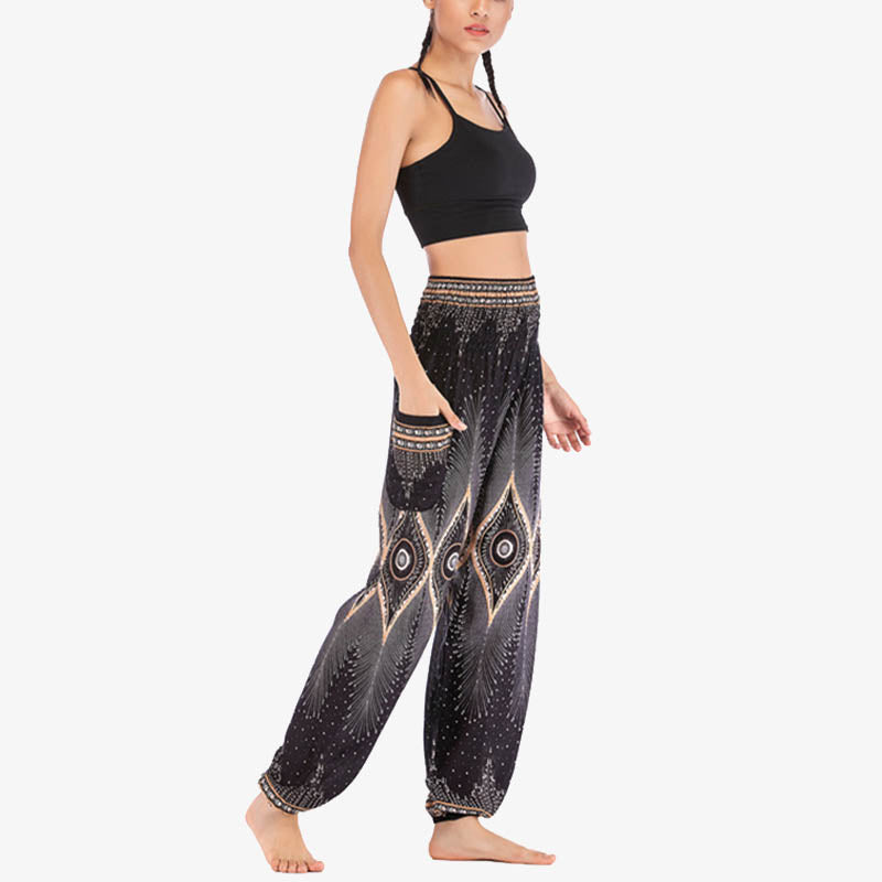 Buddha Stones Herren-Yogahose mit Pfauenfedern, lockere, gesmokte Haremshose mit kleinem Auge und Pfauenfedern - image 19