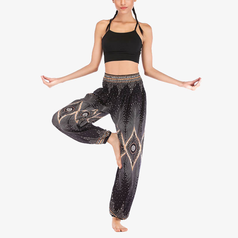 Buddha Stones Herren-Yogahose mit Pfauenfedern, lockere, gesmokte Haremshose mit kleinem Auge und Pfauenfedern - image 18