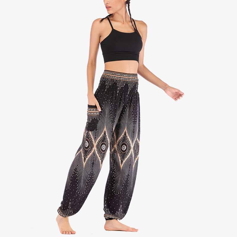Buddha Stones Herren-Yogahose mit Pfauenfedern, lockere, gesmokte Haremshose mit kleinem Auge und Pfauenfedern - image 20