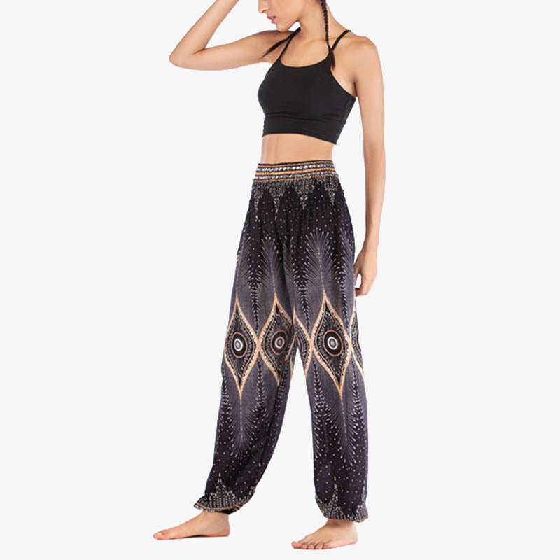 Buddha Stones Herren-Yogahose mit Pfauenfedern, lockere, gesmokte Haremshose mit kleinem Auge und Pfauenfedern - image 21