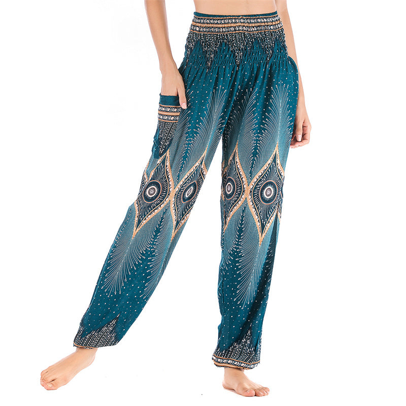 Buddha Stones Herren-Yogahose mit Pfauenfedern, lockere, gesmokte Haremshose mit kleinem Auge und Pfauenfedern - Cyan-US2-8/10， UK/AU6-12/14，EU34-40/42 (F) - image 22