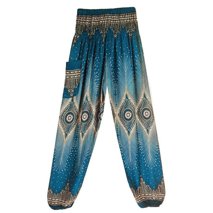 Buddha Stones Herren-Yogahose mit Pfauenfedern, lockere, gesmokte Haremshose mit kleinem Auge und Pfauenfedern - image 26