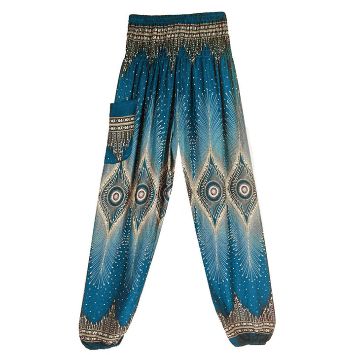 Buddha Stones Herren-Yogahose mit Pfauenfedern, lockere, gesmokte Haremshose mit kleinem Auge und Pfauenfedern