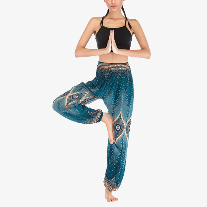 Buddha Stones Herren-Yogahose mit Pfauenfedern, lockere, gesmokte Haremshose mit kleinem Auge und Pfauenfedern - image 23
