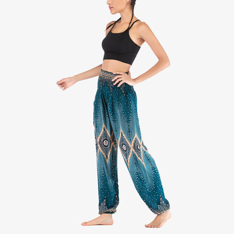Buddha Stones Herren-Yogahose mit Pfauenfedern, lockere, gesmokte Haremshose mit kleinem Auge und Pfauenfedern - image 28