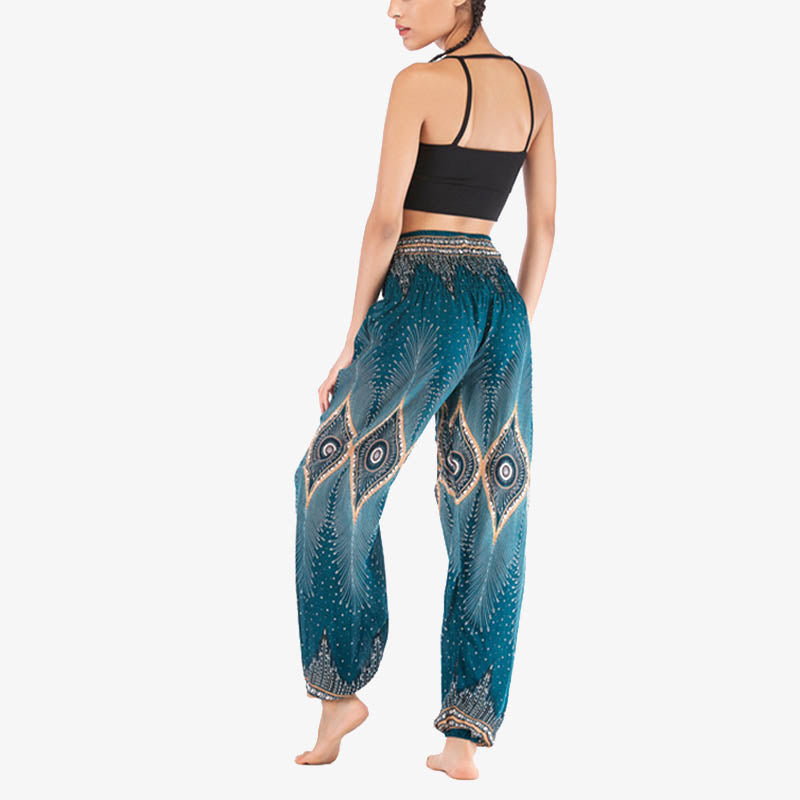 Buddha Stones Herren-Yogahose mit Pfauenfedern, lockere, gesmokte Haremshose mit kleinem Auge und Pfauenfedern - image 25