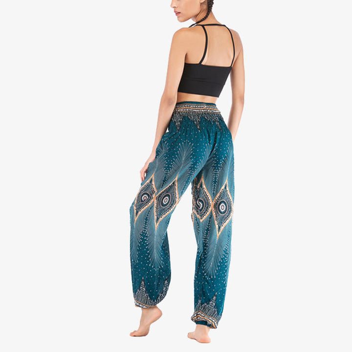 Buddha Stones Herren-Yogahose mit Pfauenfedern, lockere, gesmokte Haremshose mit kleinem Auge und Pfauenfedern - image 25