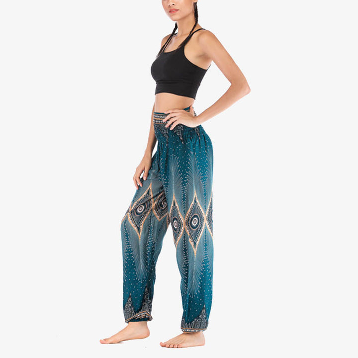 Buddha Stones Herren-Yogahose mit Pfauenfedern, lockere, gesmokte Haremshose mit kleinem Auge und Pfauenfedern - image 29