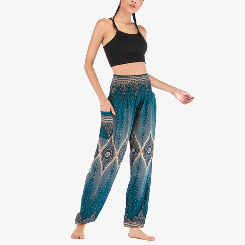 Buddha Stones Herren-Yogahose mit Pfauenfedern, lockere, gesmokte Haremshose mit kleinem Auge und Pfauenfedern - image 30