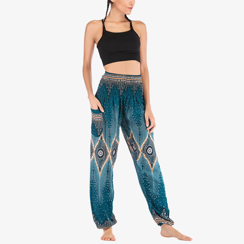 Buddha Stones Herren-Yogahose mit Pfauenfedern, lockere, gesmokte Haremshose mit kleinem Auge und Pfauenfedern - image 31