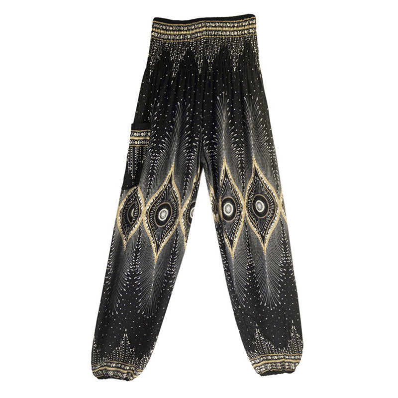 Buddha Stones Herren-Yogahose mit Pfauenfedern, lockere, gesmokte Haremshose mit kleinem Auge und Pfauenfedern - image 16