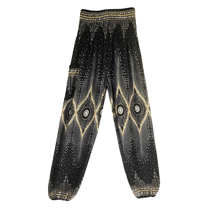 Buddha Stones Herren-Yogahose mit Pfauenfedern, lockere, gesmokte Haremshose mit kleinem Auge und Pfauenfedern - image 16